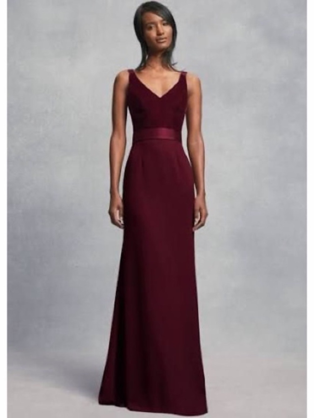 Vera Wang Burgundy V-Neck Satin-Waist Maxi Dress